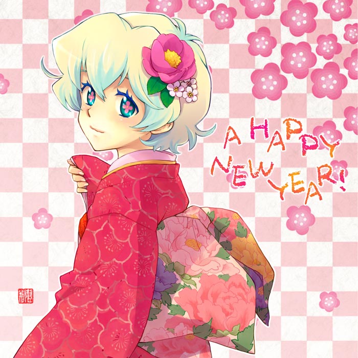 saikachi, saikachi (ogre tree), nia teppelin, tengen toppa gurren lagann, + +, 00s, 1girl, cross-shaped pupils, female focus, floral print, flower, hair flower, hair ornament, japanese clothes, kimono, looking back, multicolored hair, new year, peony (flower), short hair, solo, symbol-shaped pupils