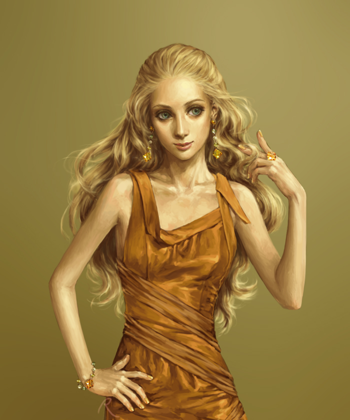 nanar, original, blonde hair, blue eyes, bracelet, curly hair, dress, earrings, jewelry, long hair, realistic, ring, solo