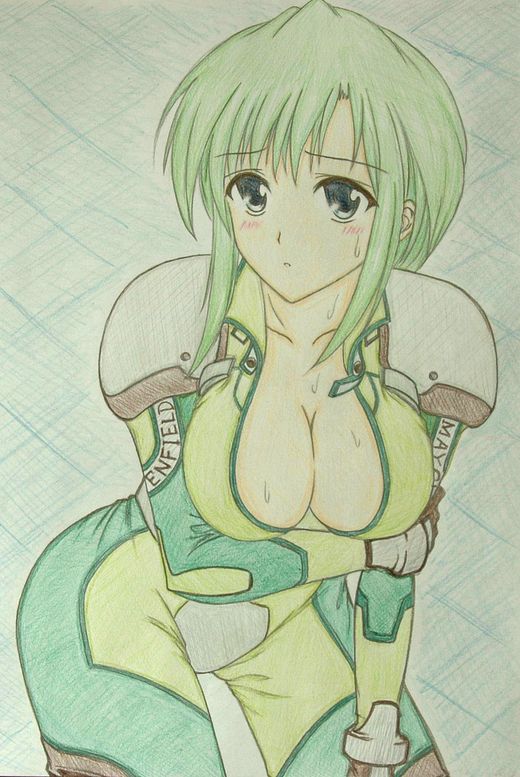 may greenfield, merrygate, armored core, fromsoftware, pilot suit, traditional media, 1girl, blue eyes, blush, bodysuit, breasts, cleavage, female focus, green hair, large breasts, leaning forward, looking at viewer, solo, sweat, unzipping