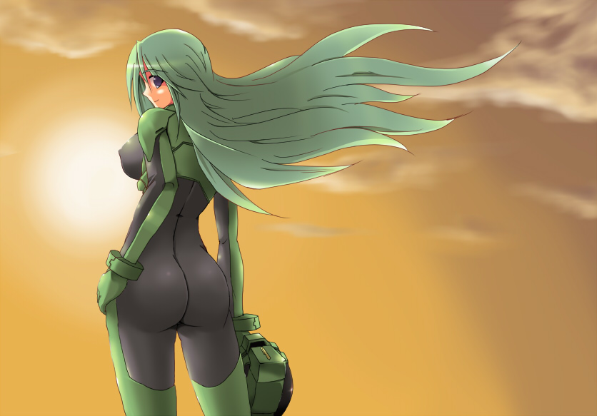 ment, may greenfield, merrygate, armored core, fromsoftware, 1girl, ass, bodysuit, female focus, green hair, hand on own hip, helmet, holding, holding unworn helmet, long hair, skin tight, sky, solo, sunset, unworn helmet