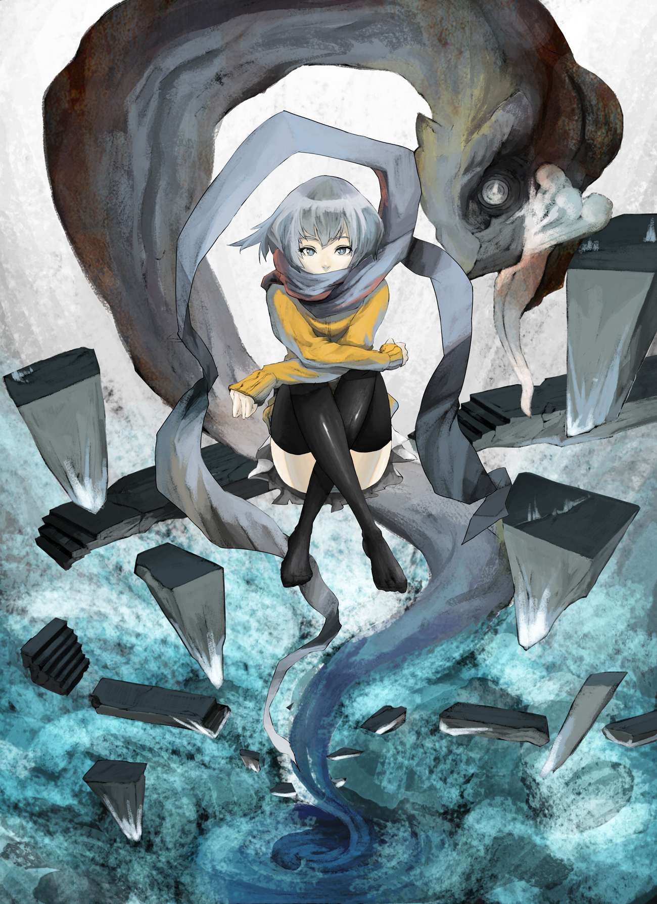 maximum show, pixiv, pixiv shadow, bad id, bad pixiv id, highres, feet, grey hair, monster, scarf, sitting, solo, thighhighs