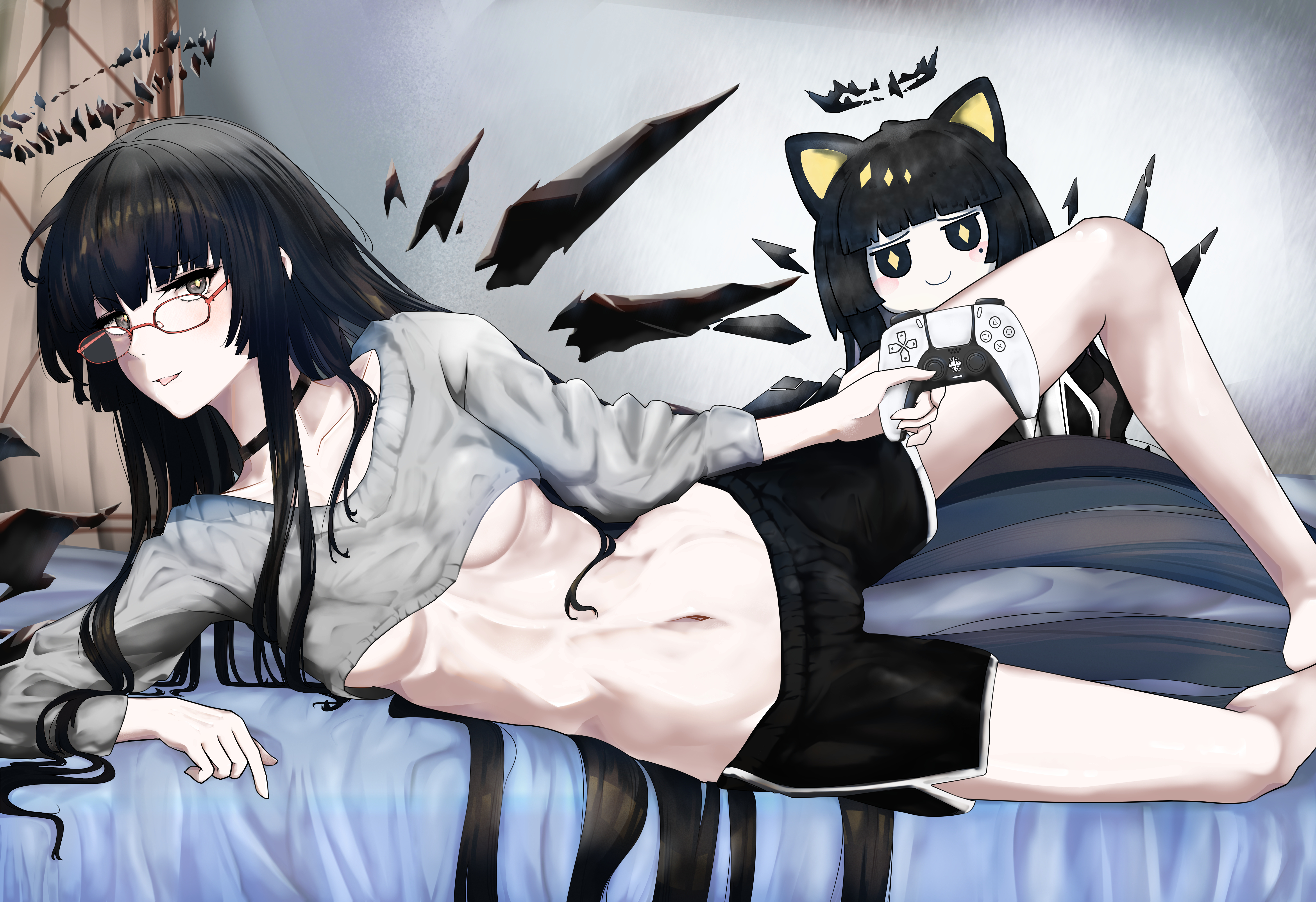 3 iq tuna, virtuosa (arknights), arknights, absurdres, commentary, english commentary, highres, large variant set, variant set, 2girls, angel, black choker, black hair, black halo, black shorts, black wings, breasts, choker, controller, detached wings, dolphin shorts, game controller, glasses, grey sweater, halo, holding, holding controller, holding game controller, indoors, long hair, lying, multiple girls, navel, on bed, on side, shorts, small breasts, stomach, sweater, underboob, very long hair, wings