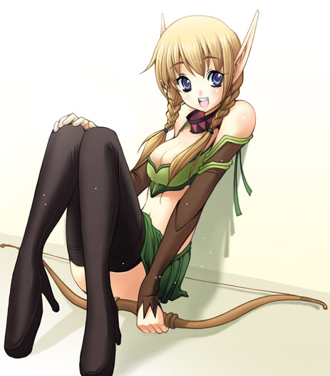 lono (parkarar), lono (pixiv), original, 1girl, blonde hair, blue eyes, boots, bow, bow (weapon), braid, breasts, cleavage, collar, detached sleeves, elf, female focus, hair over shoulder, high heels, medium breasts, midriff, miniskirt, pointy ears, shoes, sitting, skirt, solo, thigh boots, thighhighs, twin braids, twintails, weapon