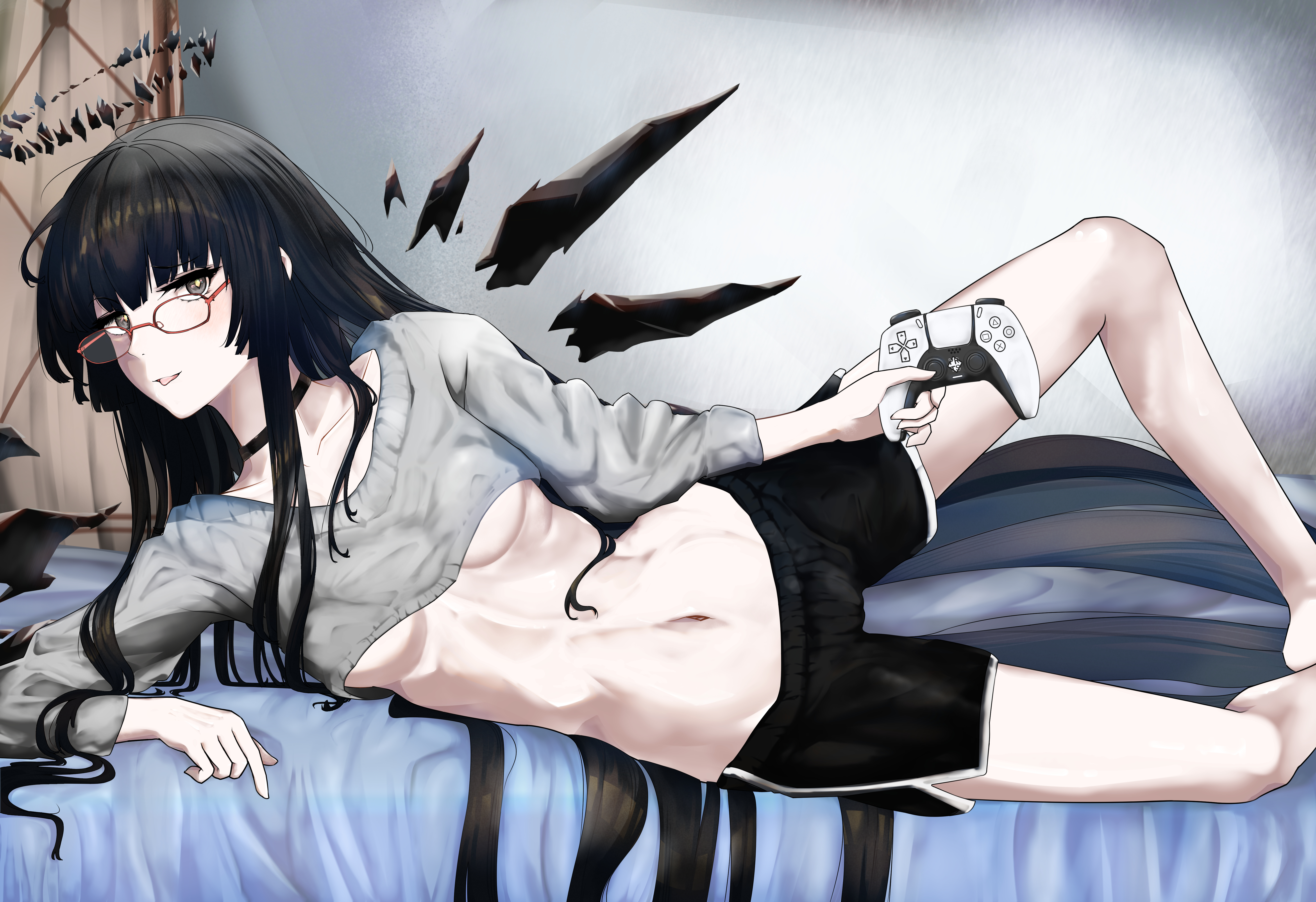 3 iq tuna, virtuosa (arknights), arknights, absurdres, commentary, english commentary, highres, large variant set, variant set, 1girl, angel, black choker, black hair, black halo, black shorts, black wings, breasts, choker, controller, detached wings, dolphin shorts, game controller, glasses, grey sweater, halo, holding, holding controller, holding game controller, indoors, long hair, lying, navel, on bed, on side, shorts, small breasts, solo, stomach, sweater, underboob, very long hair, wings