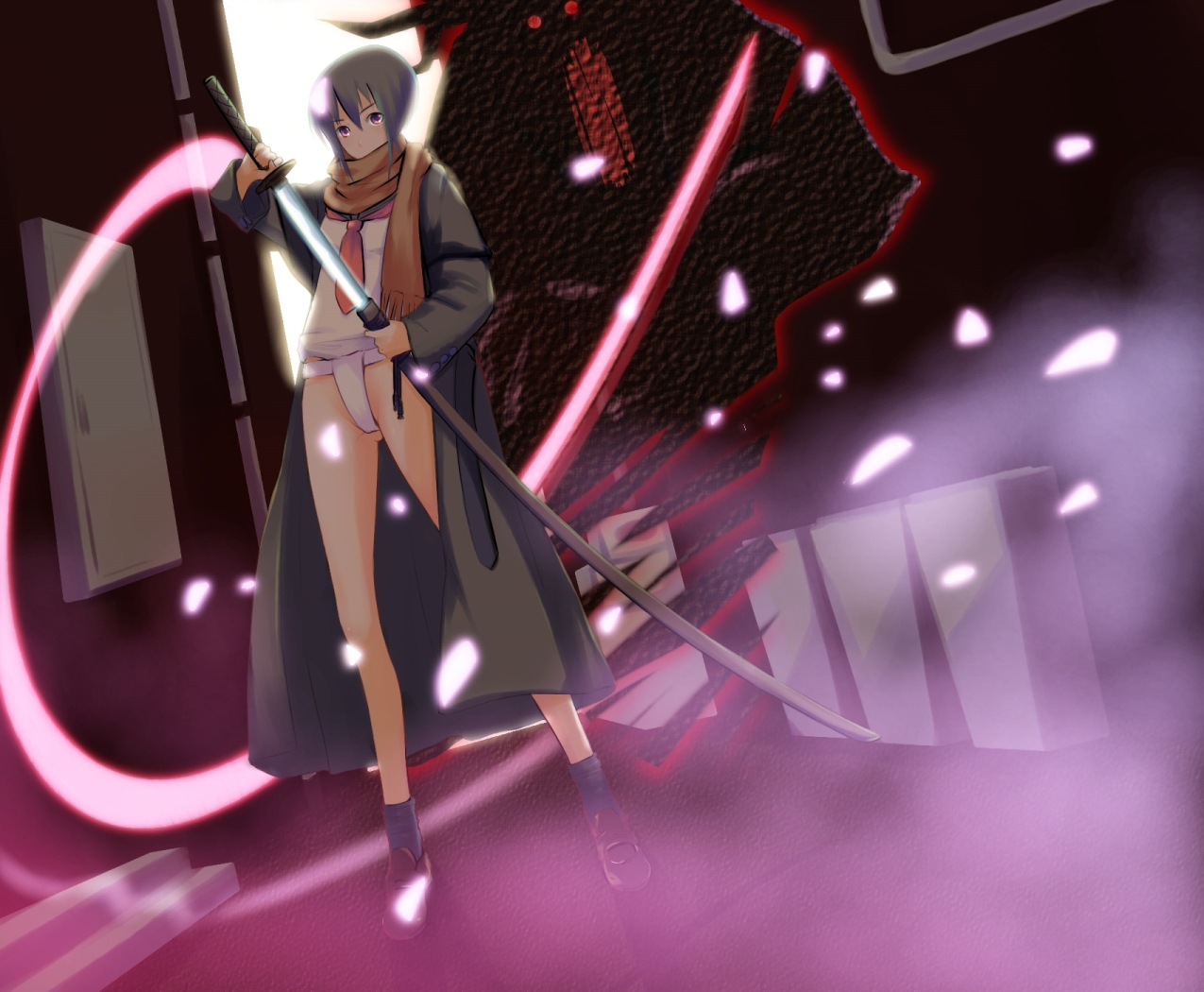 nanahime, original, bad id, bad pixiv id, coat, fundoshi, japanese clothes, katana, legs, scarf, school uniform, short hair, sword, weapon