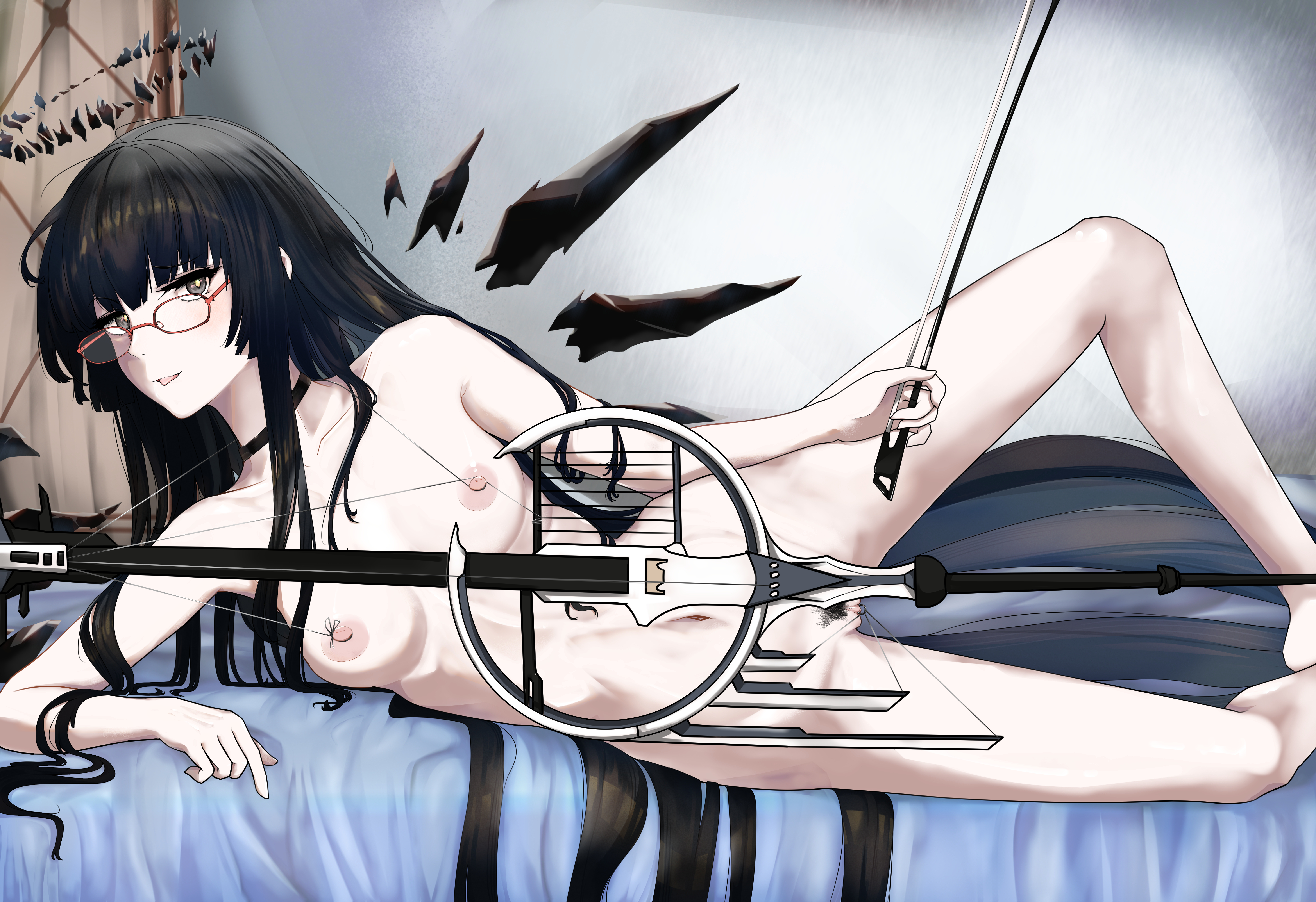 3 iq tuna, virtuosa (arknights), arknights, absurdres, commentary, english commentary, highres, large variant set, variant set, 2girls, angel, black choker, black hair, black halo, black wings, bow (music), breasts, cello, choker, completely nude, detached wings, female pubic hair, glasses, halo, holding, holding bow (music), indoors, instrument, long hair, lying, multiple girls, navel, nipples, nude, on bed, on side, pubic hair, pussy, small breasts, stomach, uncensored, underboob, very long hair, wings