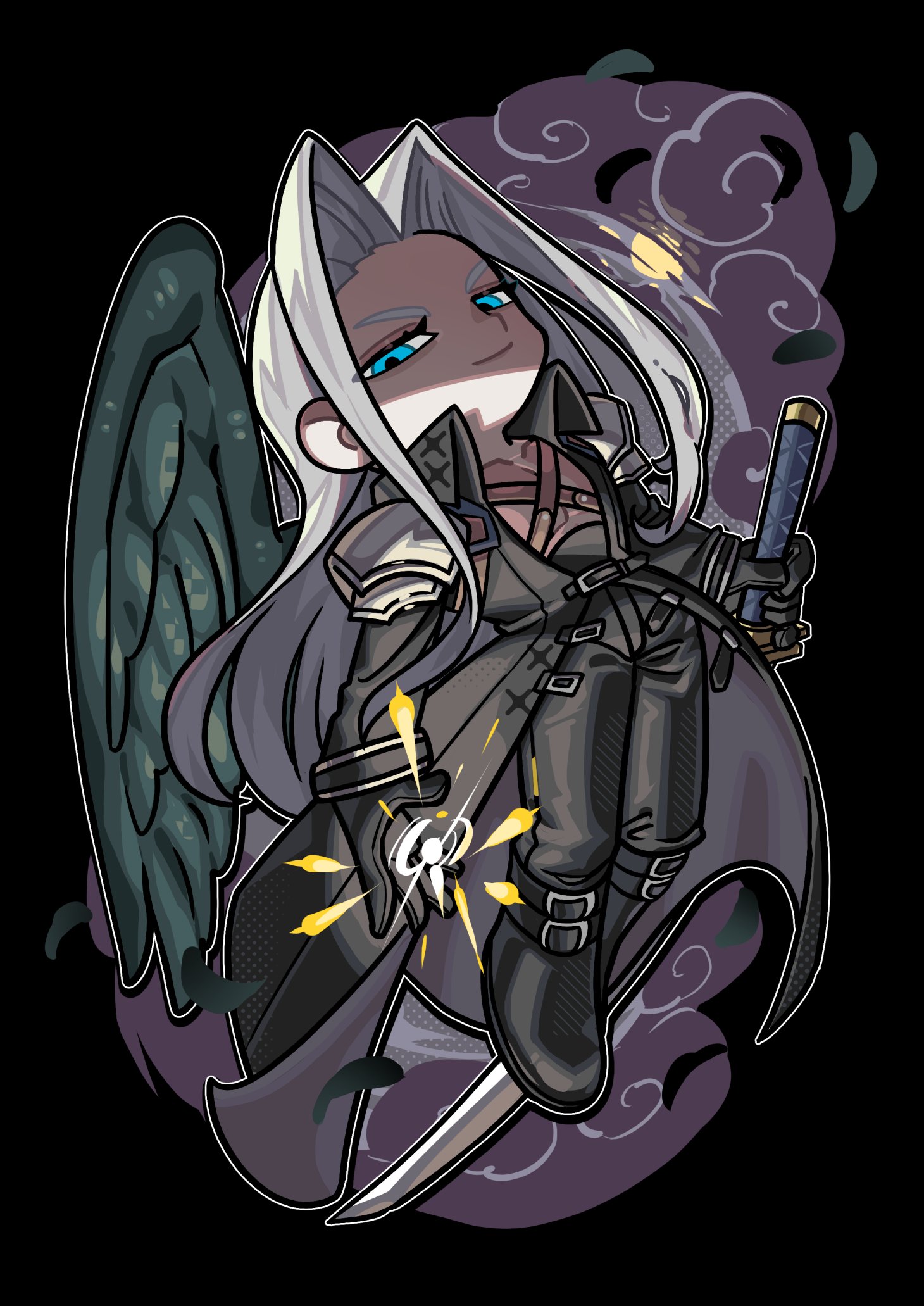 dancho no mori, sephiroth, final fantasy, final fantasy vii, commentary request, highres, 1boy, aqua eyes, belt, belt buckle, black background, black boots, black coat, black gloves, black pants, black wings, boots, buckle, chest strap, closed mouth, coat, collared coat, curtained hair, feathered wings, foot belt, full body, gloves, grey hair, holding, holding sword, holding weapon, katana, long hair, long sleeves, male focus, masamune (ff7), pants, single wing, smile, solo, sword, very long hair, weapon, wing collar, wings