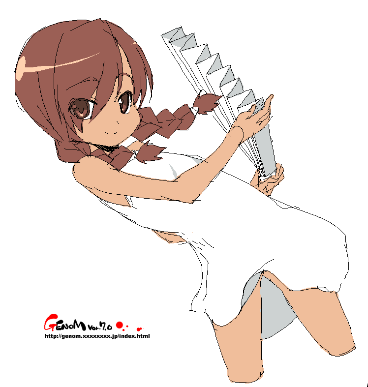 onija tarou, asahina arumi, abenobashi mahou shoutengai, 00s, 1girl, braid, brown eyes, brown hair, dress, dutch angle, female focus, hand fan, harisen, looking at viewer, oekaki, short dress, simple background, smile, solo, twin braids, white background