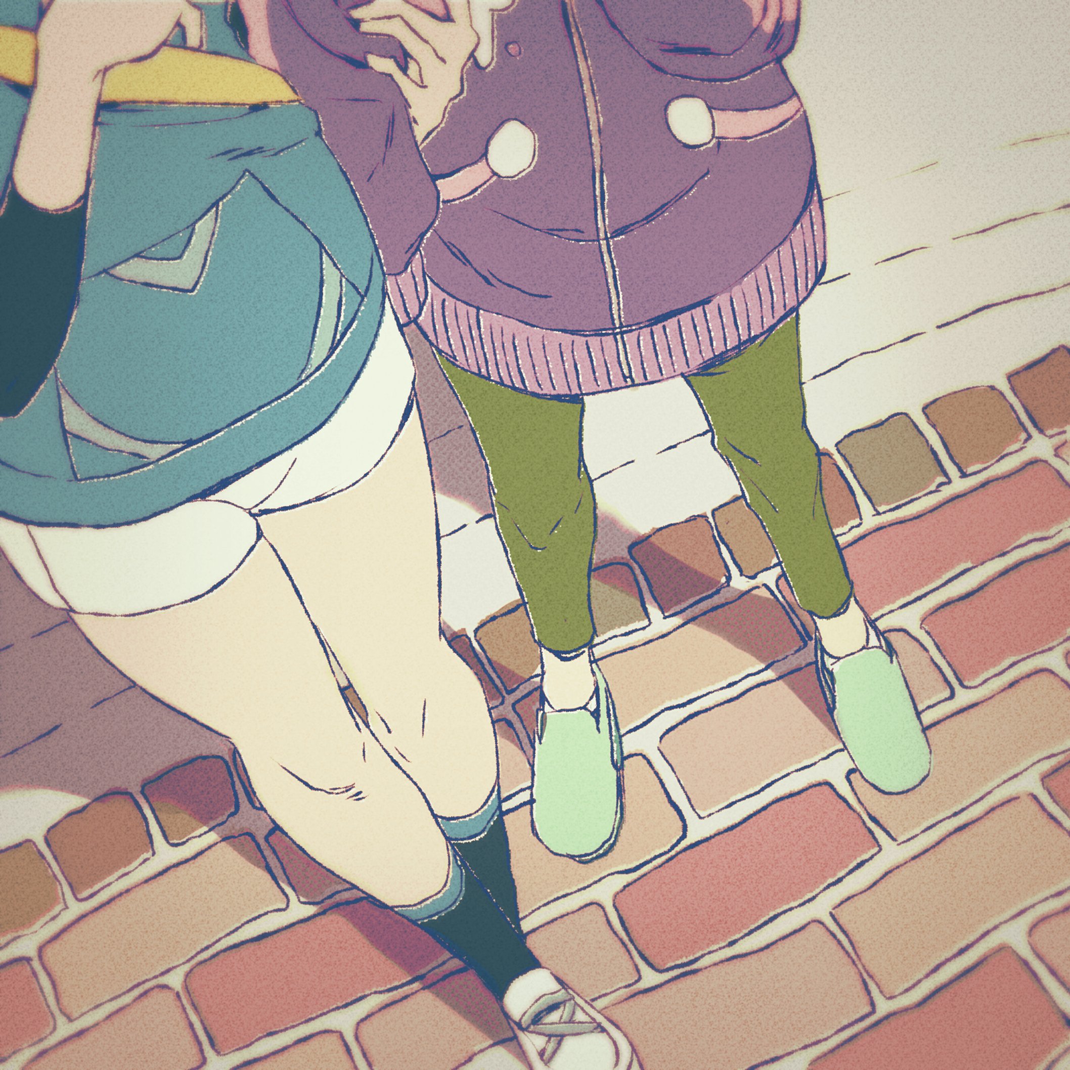 plus ta, dot (pokemon), liko (pokemon), nintendo, pokemon, pokemon (anime), pokemon horizons, highres, 2girls, against wall, holding another's arm, hood, hooded vest, hoodie, jacket, long sleeves, lower body, multiple girls, pants, shirt, shoes, shorts, socks, vest, yellow bag