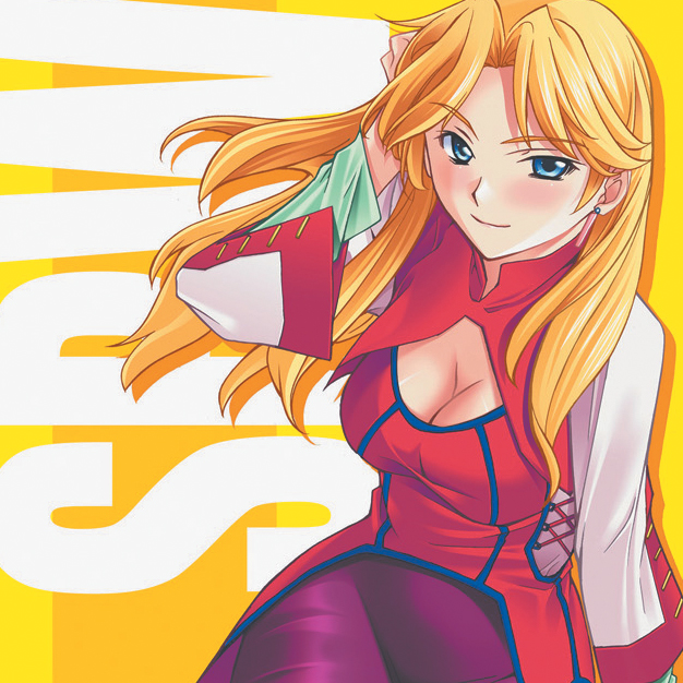 hozumi takashi, leona garstein, banpresto, super robot wars, adjusting hair, blonde hair, blue eyes, blush, breasts, cleavage, large breasts, long hair, smile, solo