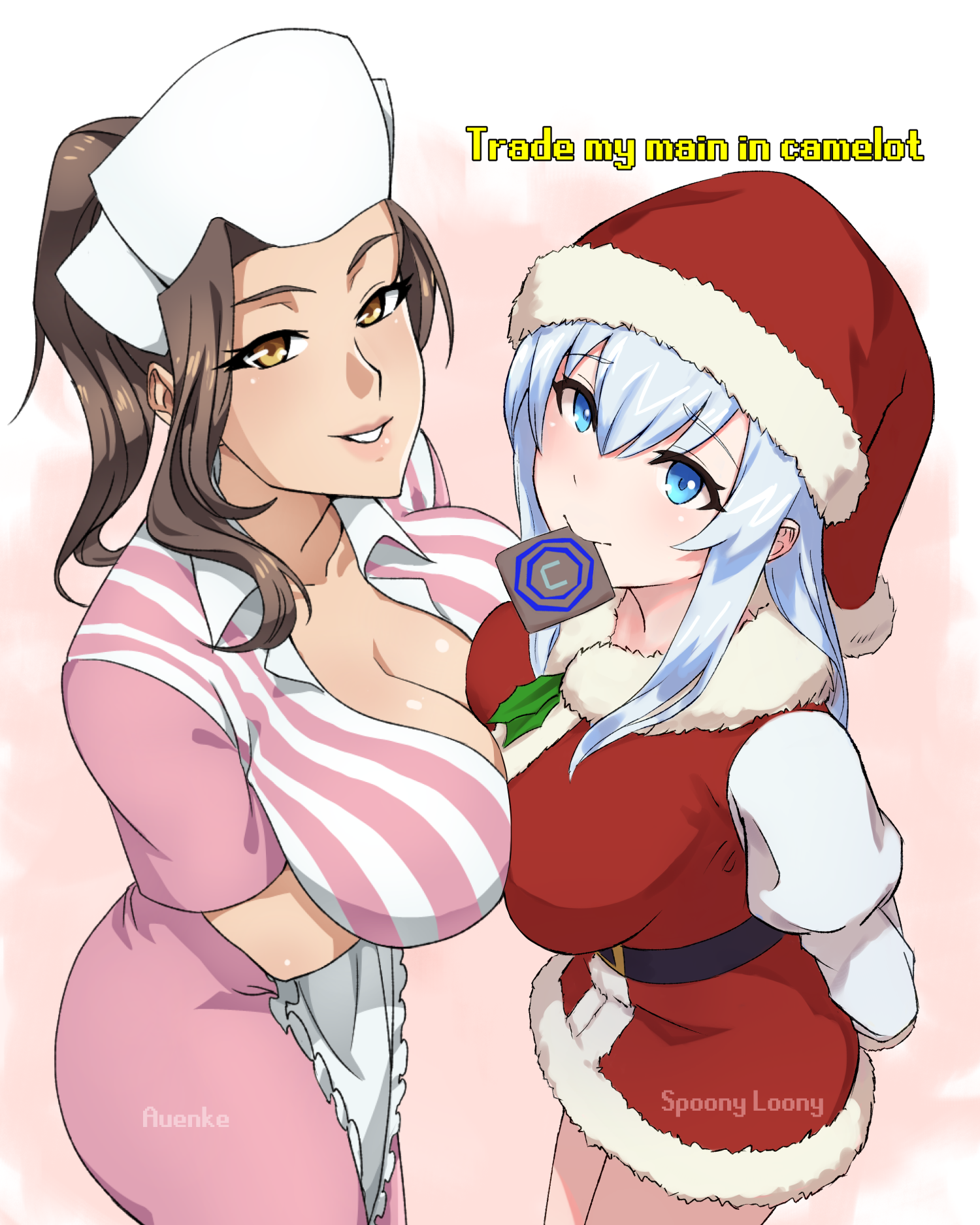 auenke, spoony loony, original, runescape, artist collaboration, commentary, english commentary, highres, 2girls, apron, artist name, blue eyes, blue hair, breast press, breasts, brown hair, cleavage, dress, english text, large breasts, long hair, mouth hold, multiple girls, pink dress, pom pom (clothes), sandwich lady (runescape), santa costume, santa dress, stone tablet, white apron, yellow eyes