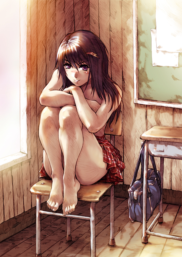 hisahiko, original, 1girl, backlighting, barefoot, blush, brown hair, chair, classroom, desk, feet, feet on chair, female focus, hair ornament, hairpin, hugging own legs, indoors, long hair, purple eyes, school, school desk, sitting, skirt, smile, solo, sunset, toes, topless female