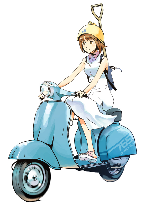 juu (juuzi), hagiwara yukiho, idolmaster, idolmaster (classic), idolmaster 1, vespa, vehicle, bad id, bad pixiv id, 00s, 1girl, backpack, bag, bare legs, brown eyes, brown hair, dress, female focus, full body, hard hat, helmet, matching hair/eyes, motion blur, motor vehicle, motorcycle, randoseru, sandals, scooter, short hair, shovel, simple background, sleeveless, sleeveless dress, smile, solo, white background, white dress, worktool