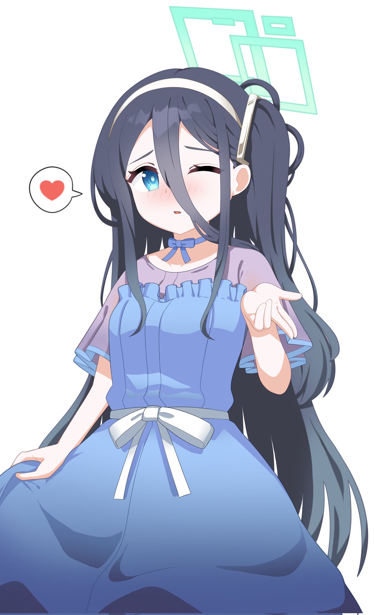 sprout (haji s), aris (blue archive), blue archive, corrupted twitter file, highres, second-party source, 1girl, alternate costume, aqua halo, black hair, blowing kiss, blue bow, blue choker, blue dress, blue eyes, blush, bow, bow choker, bright pupils, choker, double-parted bangs, dress, frilled dress, frills, furrowed brow, hair between eyes, hairband, halo, hand up, heart, long bangs, long hair, long hair between eyes, looking at viewer, nose blush, one eye closed, one side up, parted lips, rectangular halo, ringed eyes, short sleeves, sidelocks, simple background, skirt hold, solo, speech bubble, spoken heart, white background, white bow, white hairband