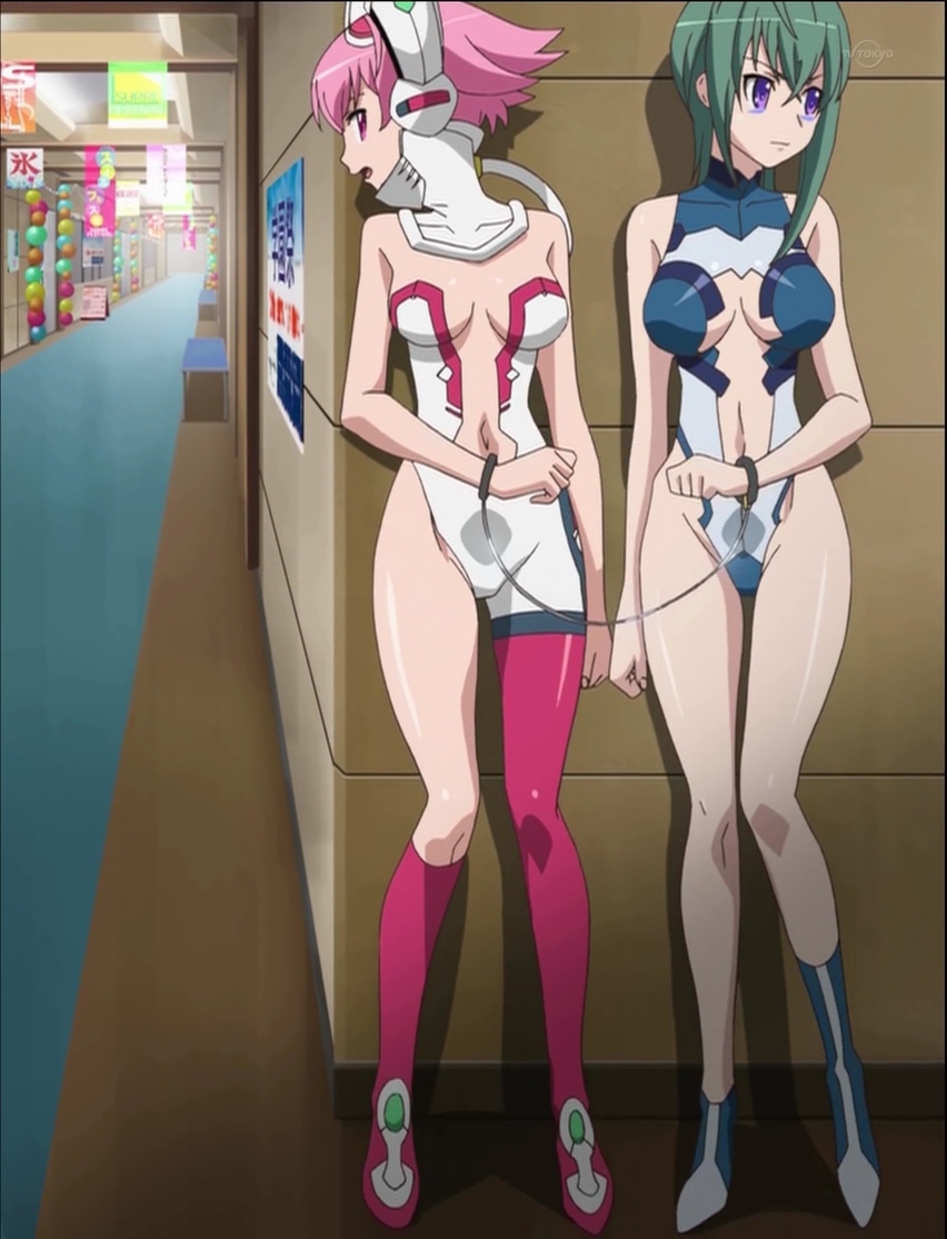 kannagi itsuki, shishidou akiha, sora wo kakeru shoujo, anime screenshot, stitched, third-party edit, 00s, 2girls, breasts, cleavage, cuffs, handcuffs, leotard, long legs, medium breasts, multiple girls, small breasts, thighhighs