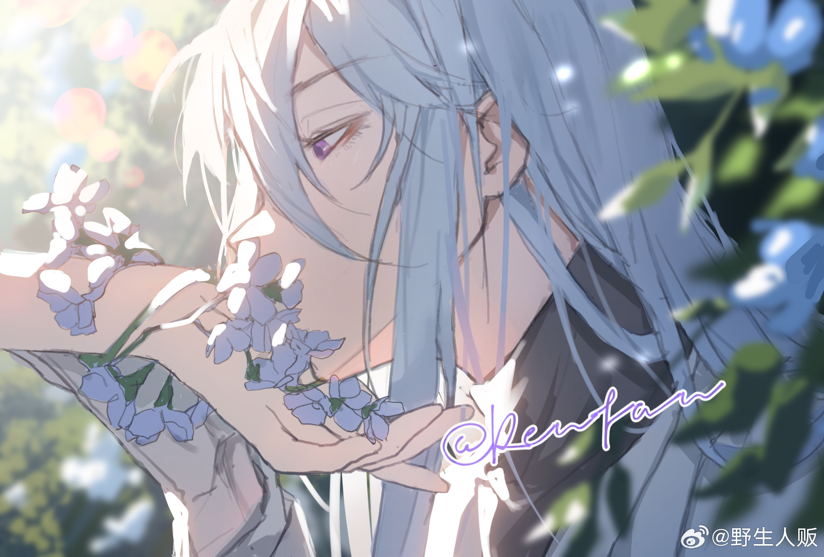 cael anselm, lovebrush chronicles, chinese commentary, highres, 1boy, arm vines, black shirt, blurry, covered mouth, depth of field, eyeshadow, eyeshadow under eye, flower, flower over mouth, from side, gloves, hair between eyes, holding another's wrist, jacket, kiss, kissing hand, leaf, long bangs, long hair, long hair between eyes, long sleeves, looking at hand, makeup, male focus, out of frame, plant, portrait, profile, purple eyes, red eyeshadow, shirt, sidelocks, solo focus, sunlight, turtleneck, turtleneck shirt, watermark, weibo watermark, white flower, white gloves, white hair, white jacket, yesheng ren fan
