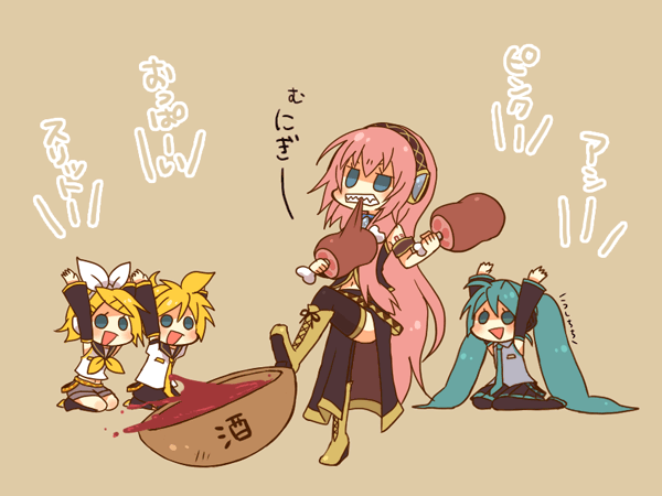 akebi (kakororo), hatsune miku, kagamine len, kagamine rin, megurine luka, vocaloid, bad id, bad pixiv id, boned meat, food, meat, twintails