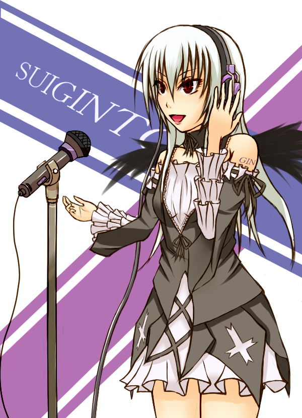 aster (artist), astn, asuto3, megurine luka, suigintou, rozen maiden, vocaloid, bad id, bad pixiv id, 00s, 1girl, character name, cosplay, crossover, dress, female focus, headphones, look-alike, megurine luka (cosplay), microphone, microphone stand, music, red eyes, singing, solo, white hair, wings