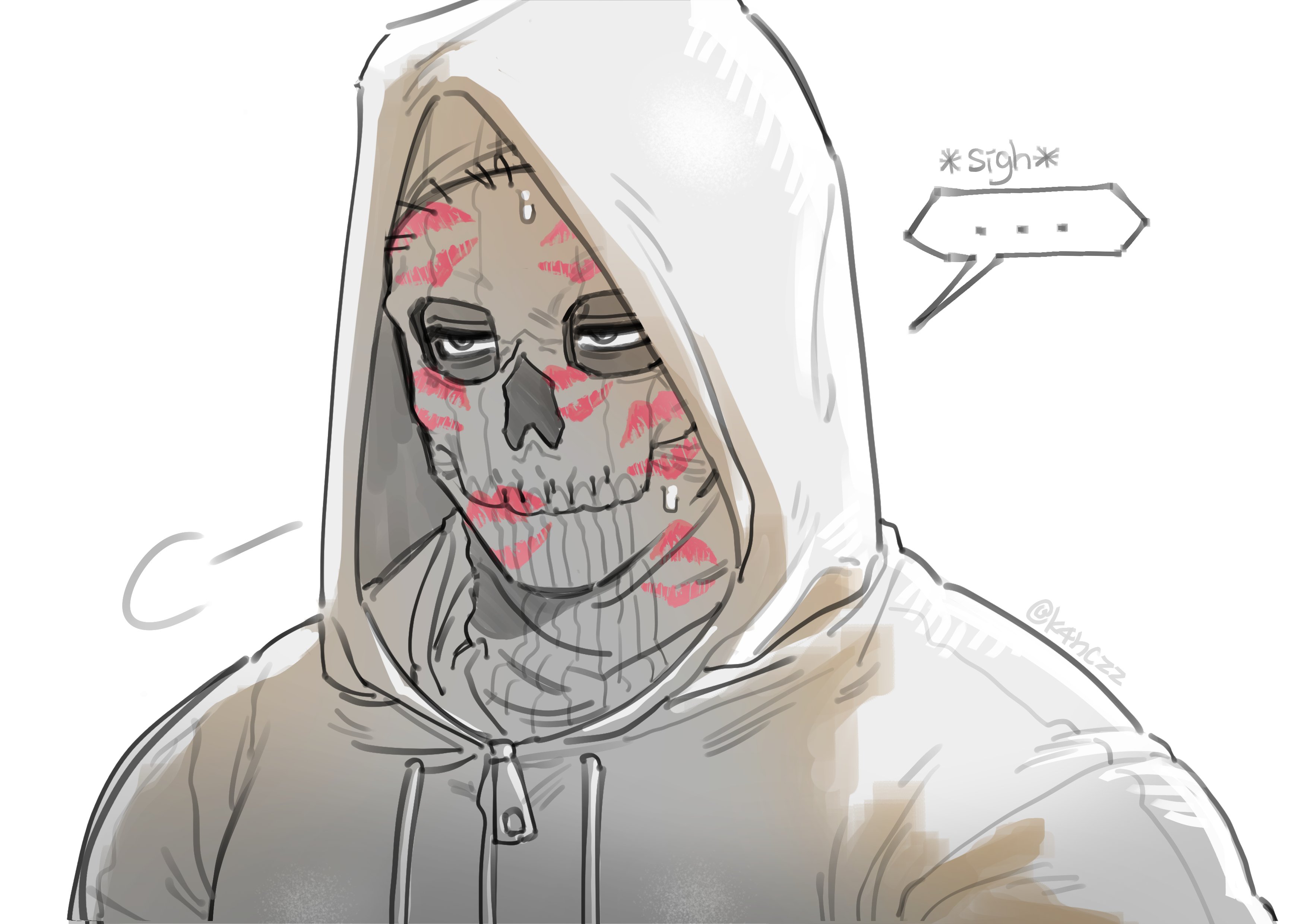 k4nczz, ghost (modern warfare 2), call of duty, call of duty: modern warfare 2, absurdres, commentary, hashtag-only commentary, highres, …, 1boy, balaclava, hood, hood up, hoodie, lipstick mark, looking to the side, male focus, sanpaku, simple background, solo, speech bubble, spoken ellipsis, white background, zipper pull tab