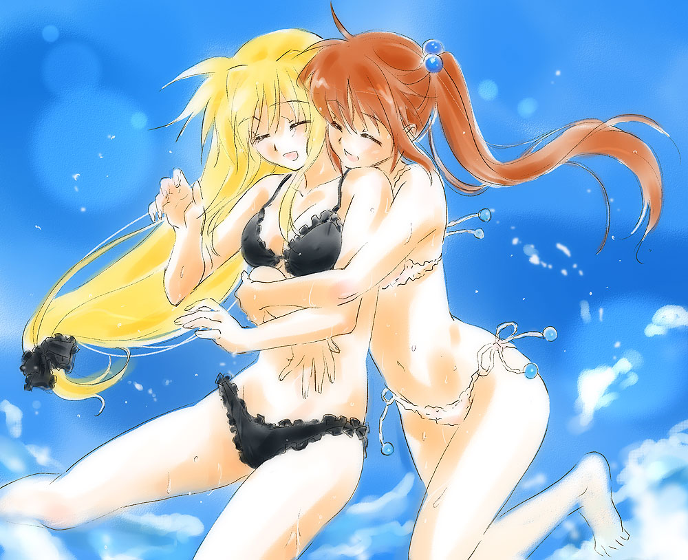 tokoharu, fate testarossa, takamachi nanoha, lyrical nanoha, mahou shoujo lyrical nanoha, mahou shoujo lyrical nanoha strikers, 00s, 2girls, barefoot, bikini, blonde hair, brown hair, closed eyes, hair bobbles, hair ornament, hair ribbon, hug, long hair, low-tied long hair, multiple girls, open mouth, ribbon, side-tie bikini bottom, side ponytail, smile, swimsuit, yuri