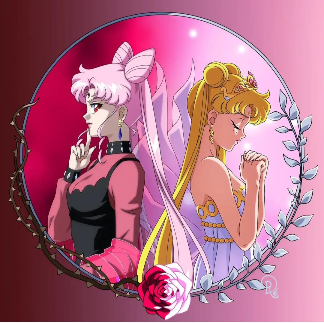 drachea rannak, black lady (sailor moon), chibi usa, neo queen serenity, tsukino usagi, bishoujo senshi sailor moon, non-web source, 2girls, back-to-back, bare arms, bare shoulders, black dress, black moon clan, breasts, closed mouth, crown, dark persona, double bun, dress, earrings, eyebrows hidden by hair, facial mark, forehead mark, hair bun, hand up, hands up, head down, jewelry, long dress, long hair, long sleeves, medium breasts, mother and daughter, multiple girls, neck, off-shoulder dress, off shoulder, parted bangs, red eyes, smile, strapless, strapless dress, twintails, very long hair, white dress
