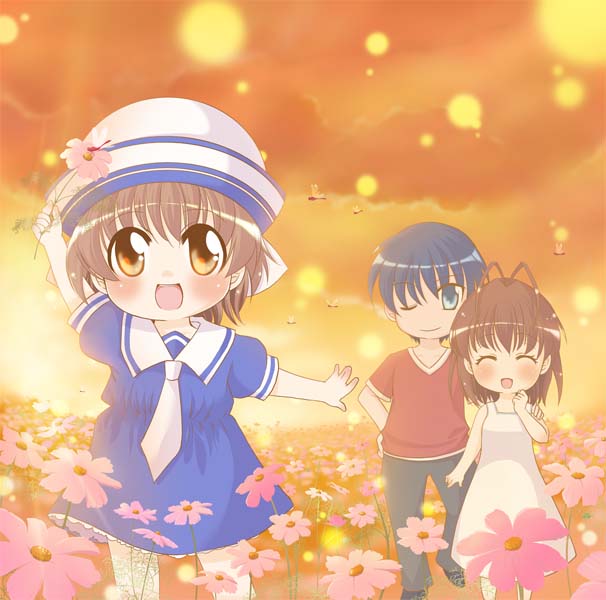tachibana sakuya (artist), tachibana sakuya (matsurika), furukawa nagisa, okazaki tomoya, okazaki ushio, clannad, 00s, 1boy, 2girls, blue eyes, blue hair, brown eyes, brown hair, chibi, dixie cup hat, dress, family, flower, hat, military hat, multiple girls, sailor collar, sailor dress, short hair
