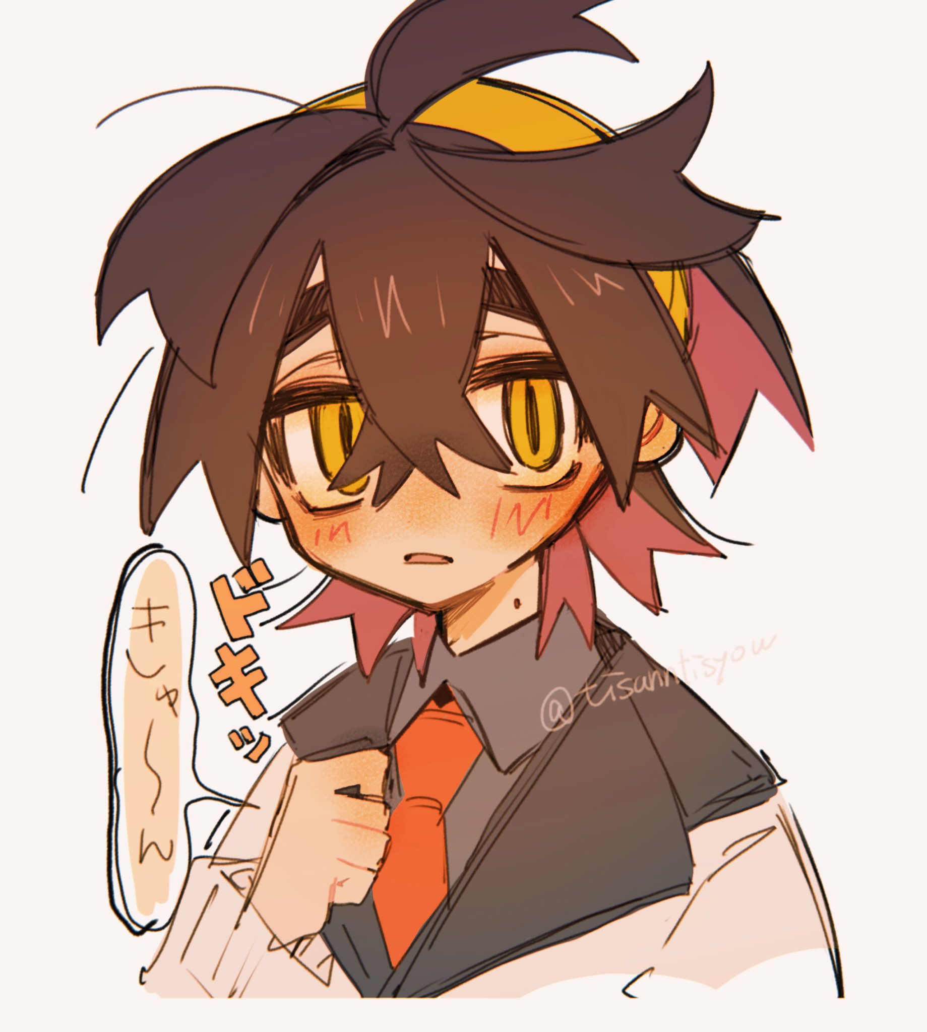 tisanntisyou, kieran (pokemon), nintendo, pokemon, pokemon sv, commentary request, highres, translation request, 1boy, arm up, black hair, black shirt, blueberry academy school uniform, blush, collared shirt, colored inner hair, cropped torso, crossed bangs, double-parted bangs, hairband, long sleeves, male focus, multicolored hair, necktie, open mouth, purple hair, red necktie, school uniform, shirt, simple background, slit pupils, solo, white background, wing collar, yellow eyes, yellow hairband