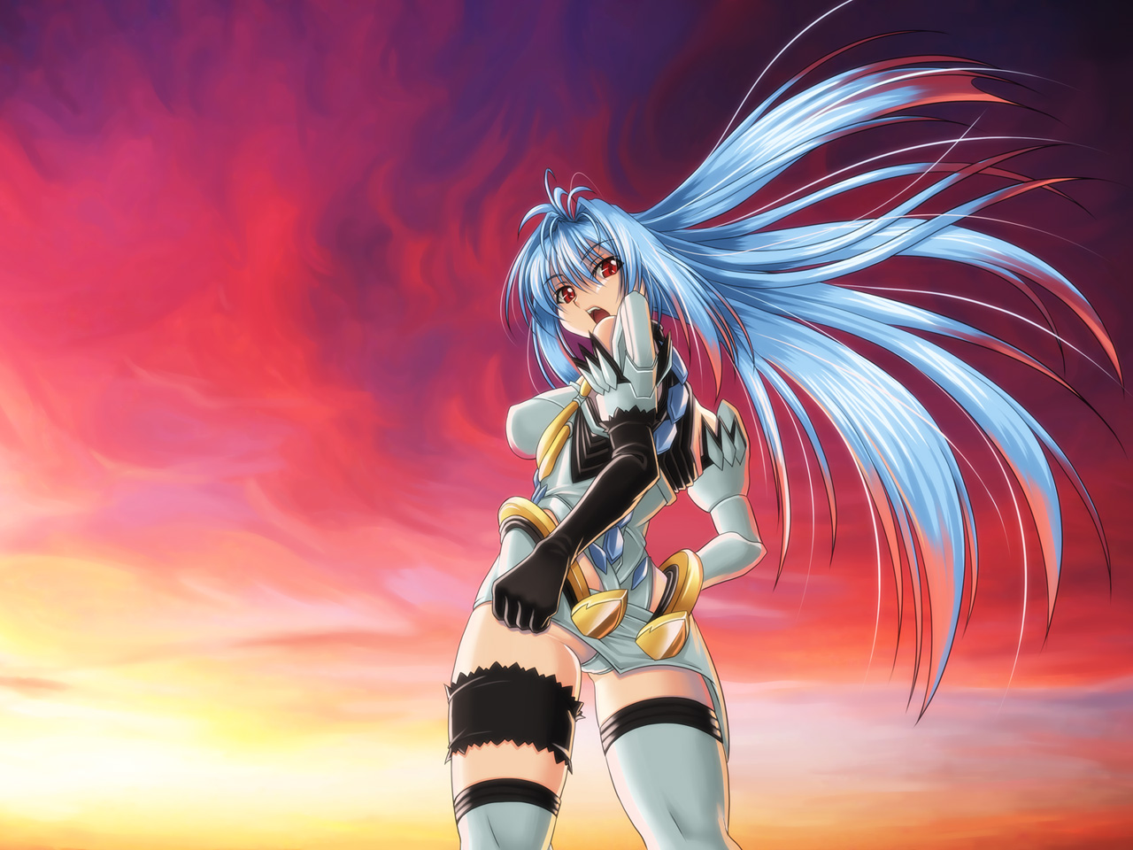 syunzou, kos-mos, xenosaga, xenosaga episode i, xenosaga episode iii, 00s, 1girl, armor, breasts, female focus, frilled thigh strap, from below, long hair, open mouth, outdoors, panties, pantyshot, purple hair, red eyes, sky, solo, sunset, thigh strap, thighhighs, underwear, white panties