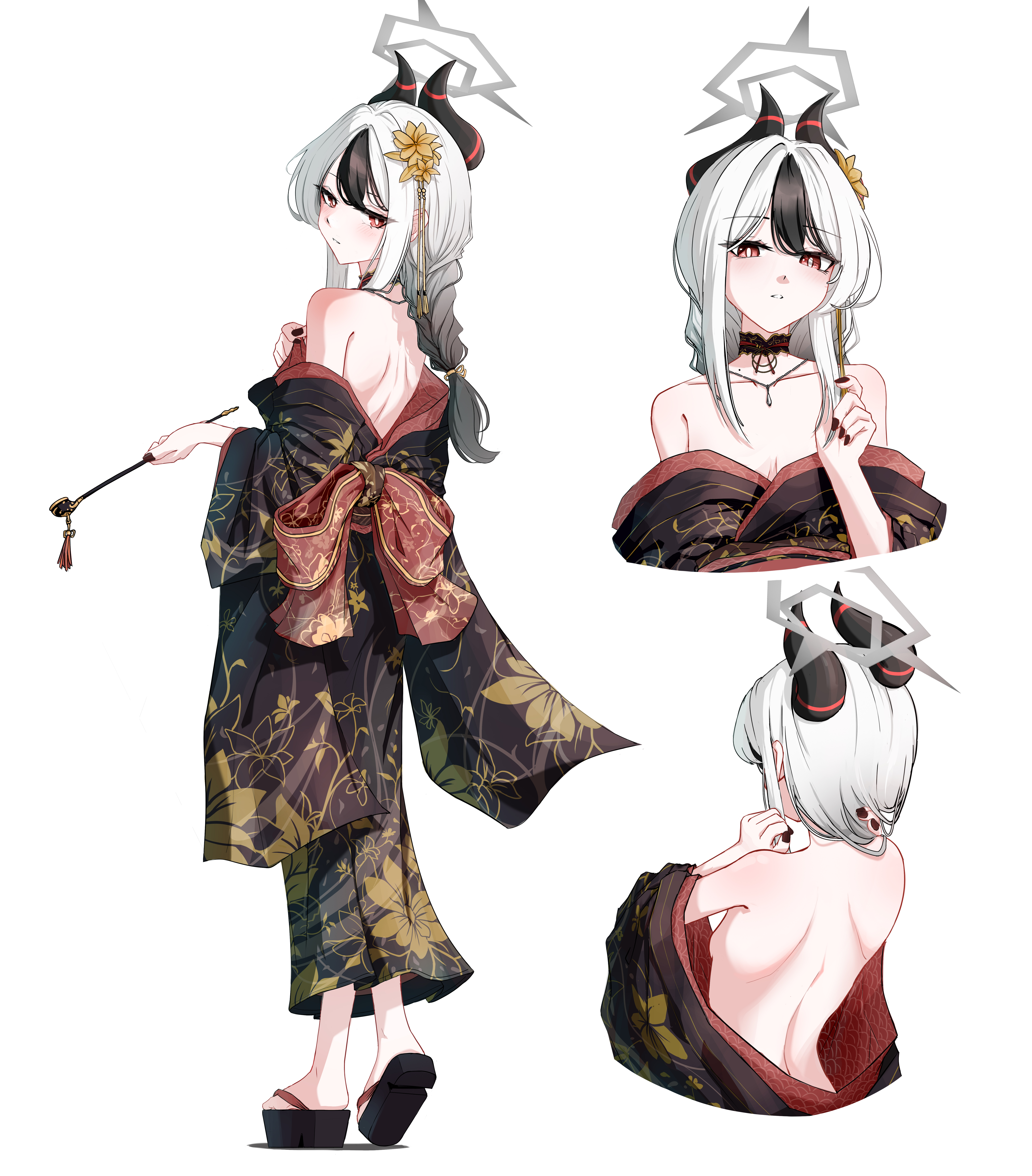 hit by hit, kayoko (blue archive), blue archive, absurdres, highres, 1girl, adjusting hair, alternate costume, alternate hairstyle, back bow, bare back, bare shoulders, black hair, black kimono, black nails, black sandals, blush, bow, breasts, cleavage, closed mouth, demon girl, demon horns, floral print, floral print kimono, flower, from behind, gradient hair, grey halo, hair flower, hair ornament, halo, holding, holding own hair, holding smoking pipe, horns, japanese clothes, kimono, long braid, long hair, looking at viewer, multicolored hair, no socks, okobo, parted lips, platform sandals, print kimono, red bow, red eyes, red sash, sandals, sash, sidelocks, smoking pipe, solo, two-tone hair, white hair, yellow flower