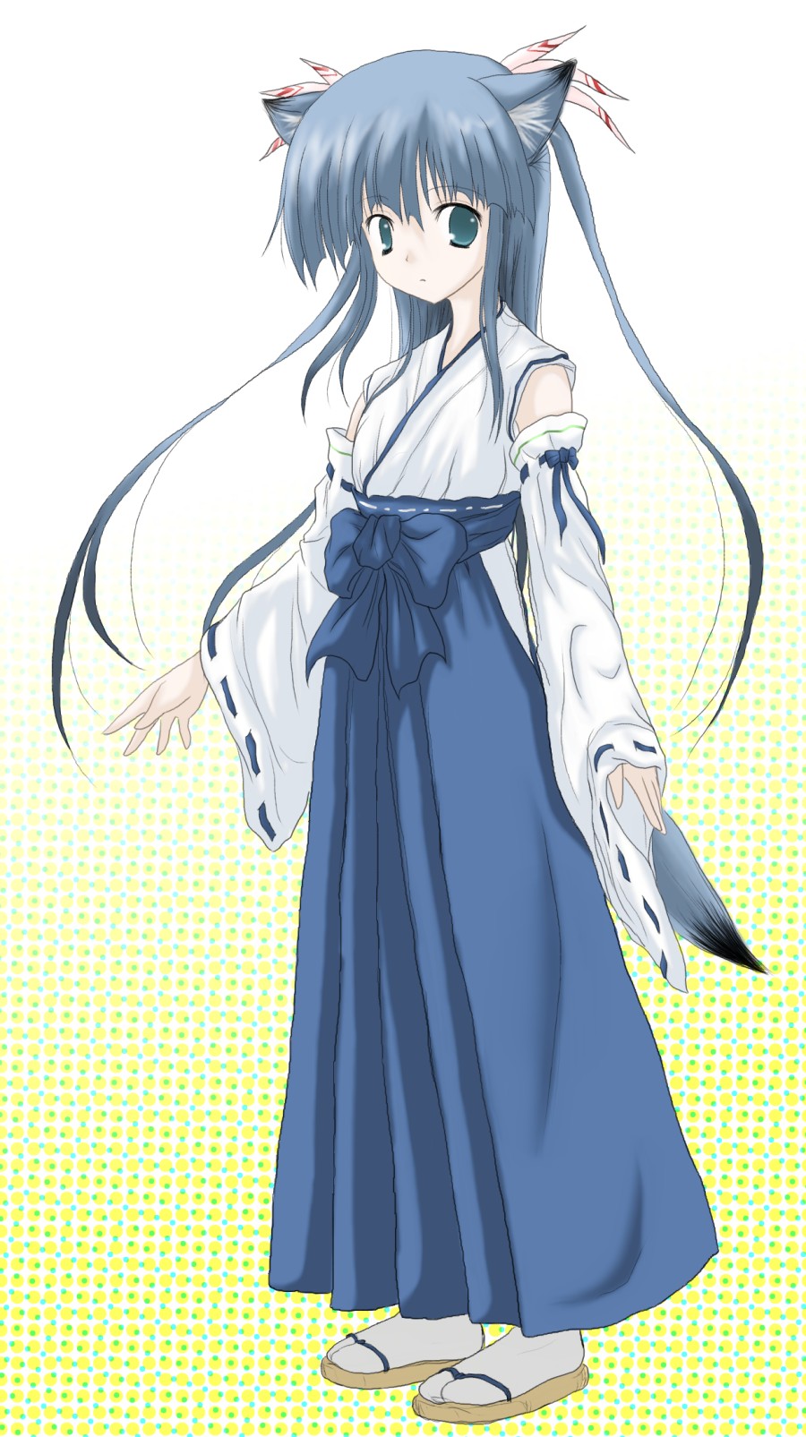 daiki, original, highres, 1girl, animal ears, blue hair, blue hakama, detached sleeves, female focus, fox ears, green eyes, hakama, hakama skirt, halftone, halftone background, japanese clothes, long hair, miko, sandals, skirt, solo, tabi, tail