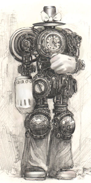 tsukushi akihito, clock, clockwork, gloves, hat, mecha, monochrome, no humans, non-humanoid robot, robot, sepia, sketch, solo, steampunk
