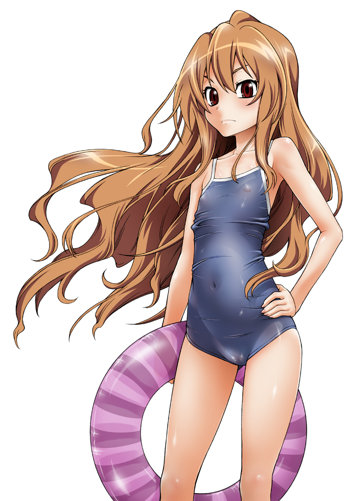 fukudahda, aisaka taiga, toradora!, 00s, 1girl, brown hair, cameltoe, competition school swimsuit, covered navel, female focus, flat chest, hand on own hip, hip focus, innertube, loli, long hair, navel, nipples, one-piece swimsuit, school swimsuit, see-through clothes, solo, swim ring, swimsuit