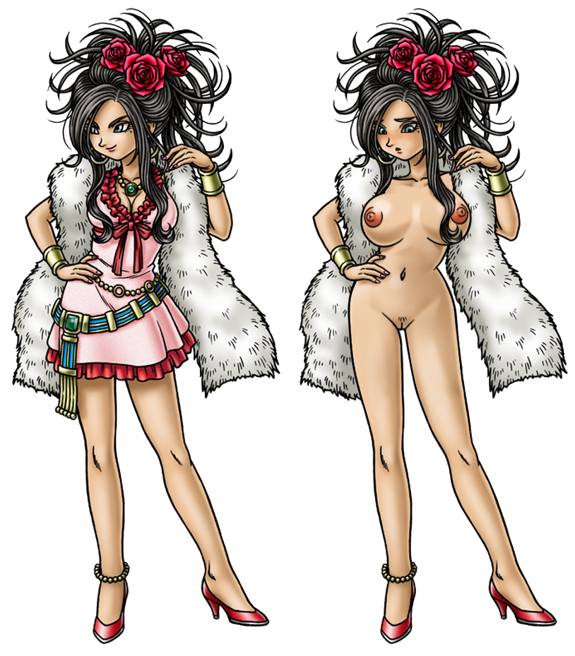 deborah (dq5), dragon quest, dragon quest v, breasts, cleavage, comparison, decent and indecent, feather boa, high heels, nude, pussy, shoes, uncensored