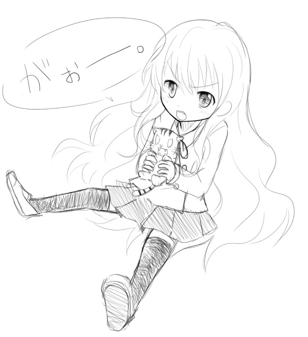 30re, aisaka taiga, palmtop tiger, toradora!, bad id, bad pixiv id, traditional media, unfinished, 00s, 1girl, female focus, greyscale, monochrome, sitting, sketch, solo, thighhighs, tiger