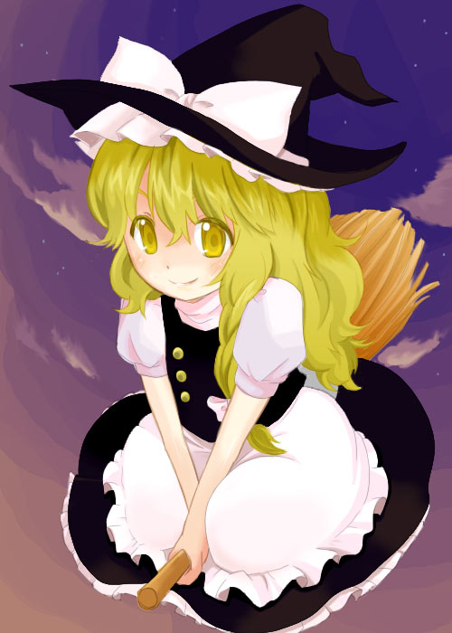 30re, kirisame marisa, touhou, bad id, bad pixiv id, 1girl, blonde hair, broom, broom riding, female focus, full body, gradient background, hat, long hair, outdoors, skirt, sky, solo, witch, witch hat, yellow eyes