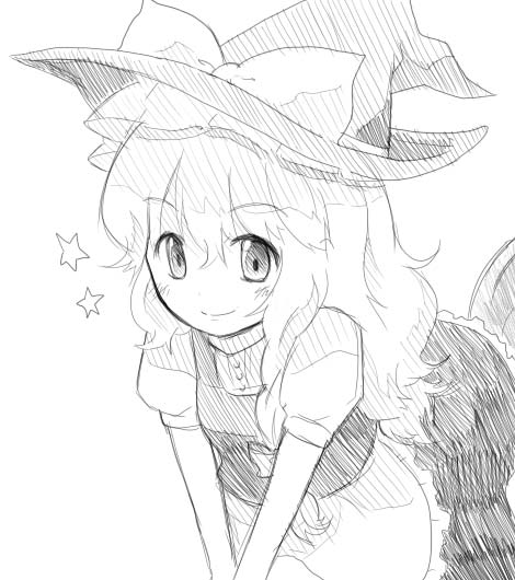 30re, kirisame marisa, touhou, bad id, bad pixiv id, traditional media, unfinished, 1girl, female focus, greyscale, hat, monochrome, sketch, solo, white background, witch, witch hat