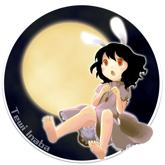 30re, inaba tewi, touhou, bad id, bad pixiv id, 1girl, animal ears, barefoot, bloomers, character name, feet, female focus, full body, jewelry, moon, necklace, outdoors, rabbit ears, sitting, sky, solo, white bloomers