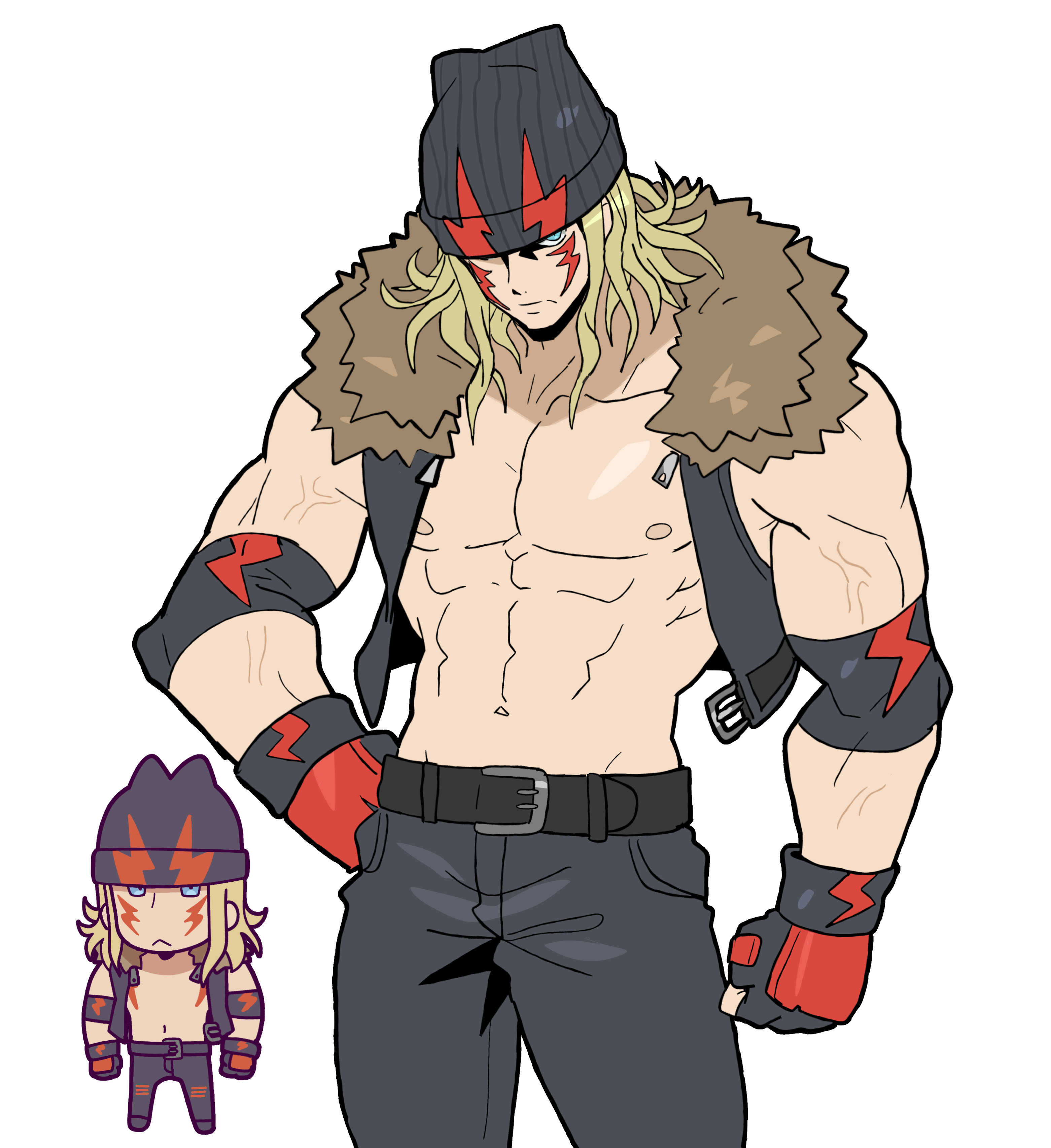 sach56000, alex (street fighter), street fighter, street fighter 6, absurdres, highres, 1boy, abs, bare pectorals, beanie, belt, belt buckle, black belt, black pants, black vest, blue eyes, buckle, closed mouth, collarbone, facial mark, fingerless gloves, frown, fur-trimmed vest, fur trim, gloves, hand on own hip, hat, lightning bolt facial mark, male focus, multiple views, navel, nipples, pants, pectorals, simple background, vest, white background