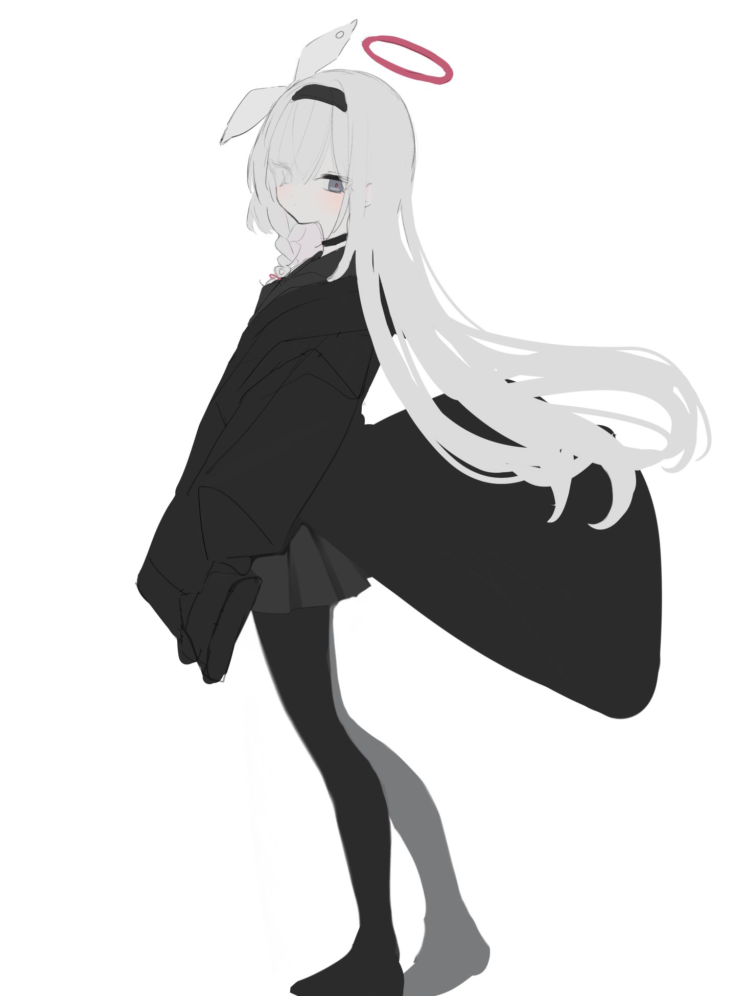 plana (blue archive), blue archive, highres, 1girl, black choker, black coat, black eyes, black hairband, black pantyhose, black shoes, black skirt, blush, braid, choker, closed mouth, coat, eyes visible through hair, full body, grey hair, hair over one eye, hairband, halo, long hair, long sleeves, looking at viewer, nun0n0, pantyhose, pleated skirt, red pupils, school uniform, serafuku, shoes, simple background, skirt, sleeves past fingers, sleeves past wrists, solo, standing, very long hair, white background, white hair
