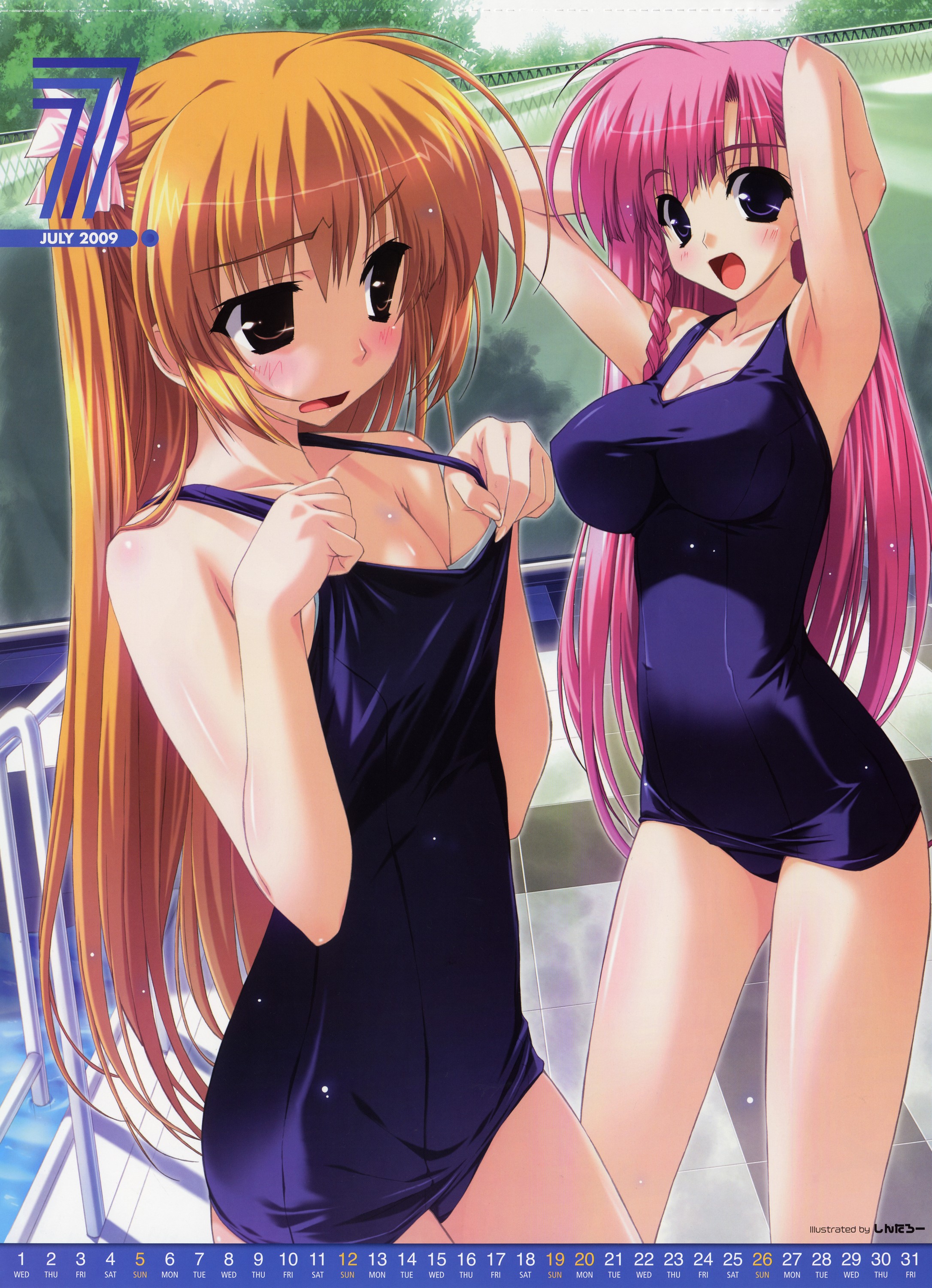 shintarou, absurdres, highres, scan, 00s, 2009, 2girls, armpits, arms up, black eyes, blonde hair, braid, breast envy, breasts, calendar, cleavage, clothes pull, flat chest, july, large breasts, long hair, multiple girls, one-piece swimsuit, one-piece swimsuit pull, pink hair, pool, pulling own clothes, purple eyes, school swimsuit, side braid, swimsuit, very long hair