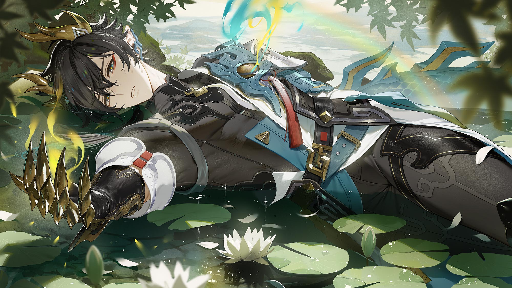 semi (p-poco), dan heng (honkai: star rail), dan heng (permansor terrae) (honkai: star rail), honkai: star rail, honkai (series), commentary request, highres, 1boy, belt, belt buckle, black hair, black pants, buckle, clawed gauntlets, dragon boy, dragon horns, dragon tail, ear covers, eyeliner, flower, horns, leaf, long sleeves, looking at viewer, lotus, lying, makeup, male focus, official alternate costume, on back, outdoors, outstretched arm, pants, parted bangs, parted lips, pointy ears, red eyeliner, single ear cover, tail, water, white flower, yellow horns
