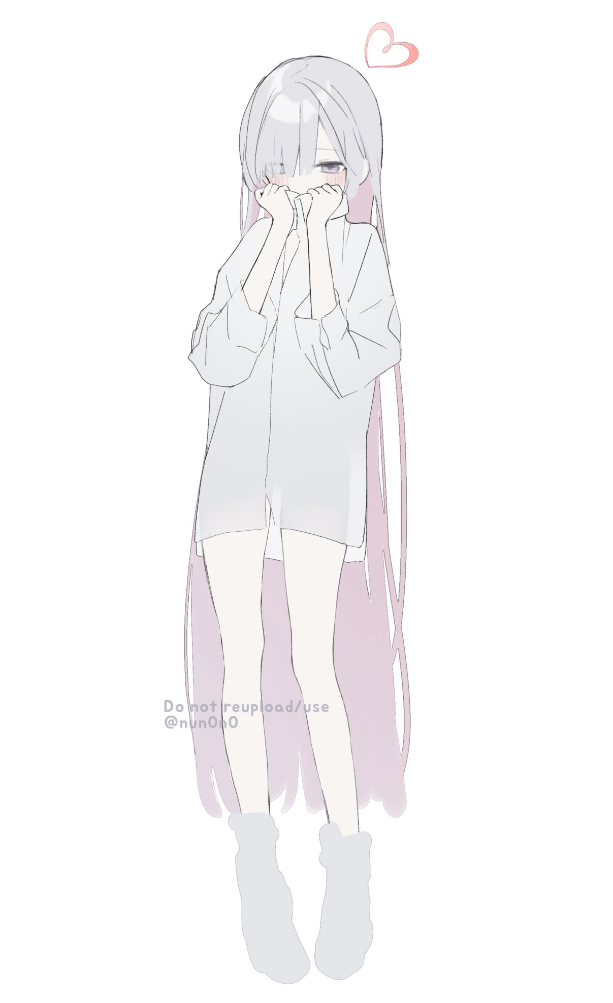 plana (blue archive), blue archive, highres, 1girl, alternate hairstyle, blush, covering own mouth, full body, grey hair, hair over one eye, halo, heart, long hair, looking at viewer, multicolored hair, naked shirt, nun0n0, pink hair, shirt, simple background, solo, twitter username, very long hair, white background, white shirt