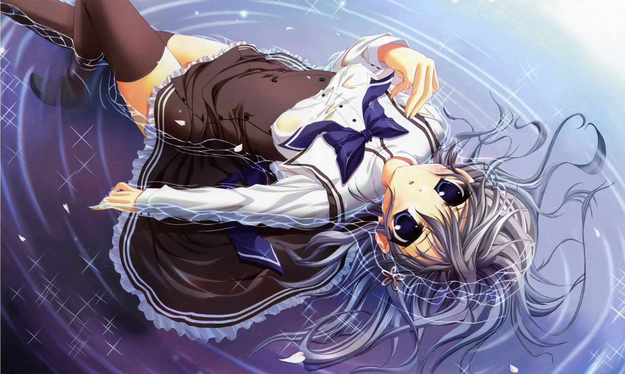 izumi tsubasu, katagiri yuuhi, akane-iro ni somaru saka, highres, school uniform, see-through clothes, solo, thighhighs, water, wet, wet clothes