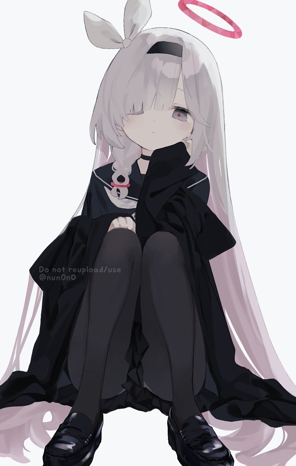 plana (blue archive), blue archive, highres, 1girl, black choker, black coat, black eyes, black hairband, black pantyhose, black sailor collar, black serafuku, black shoes, black skirt, braid, choker, closed mouth, coat, colored inner hair, grey eyes, grey hair, hair over one eye, hairband, halo, loafers, long hair, long sleeves, looking at viewer, multicolored hair, neckerchief, nun0n0, pantyhose, pink hair, pleated skirt, red pupils, sailor collar, school uniform, serafuku, shoes, simple background, sitting, skirt, solo, very long hair, white background, white hair, white neckerchief