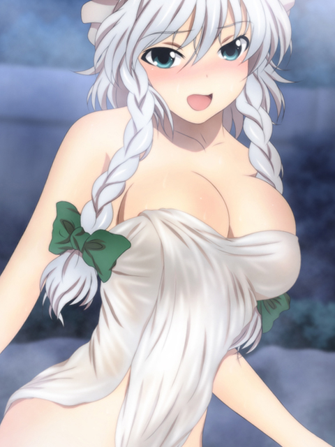 yadokari genpachirou, izayoi sakuya, touhou, 1girl, aqua eyes, blue eyes, blush, bow, braid, breasts, embarrassed, green bow, grey hair, hair bow, large breasts, long hair, looking at viewer, maid headdress, nose blush, onsen, open mouth, ribbon, solo, towel, twin braids, wet, wet towel