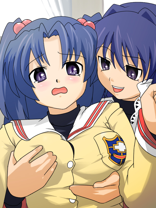 beeron, beron, fujibayashi kyou, ichinose kotomi, clannad, 00s, 2girls, breasts, grabbing another's breast, groping, hair bobbles, hair ornament, large breasts, multiple girls, purple eyes, school uniform, two side up, yuri