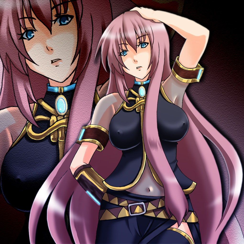 ayase aria, megurine luka, vocaloid, bad id, bad pixiv id, 1girl, blue eyes, breasts, covered erect nipples, female focus, large breasts, long hair, pink hair, solo, thighhighs