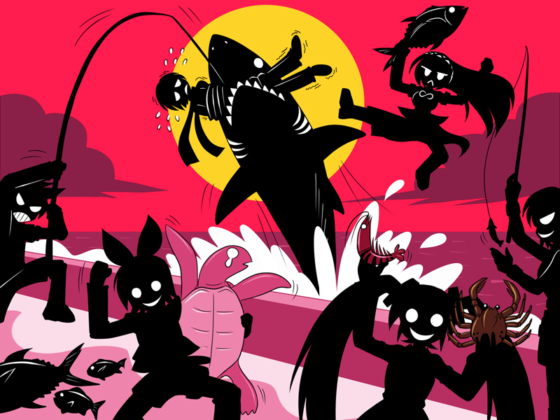 kamiyama123, kamiyama izumi, hatsune miku, kagamine len, kagamine rin, kaito (vocaloid), megurine luka, meiko (vocaloid), vocaloid, 2boys, 4girls, crab, crustacean, drinking, drum, evil grin, evil smile, fire, fish, fishing, fishing rod, flying kick, food, fruit, grin, instrument, kicking, multiple boys, multiple girls, shark, shrimp, smile, turtle, twintails