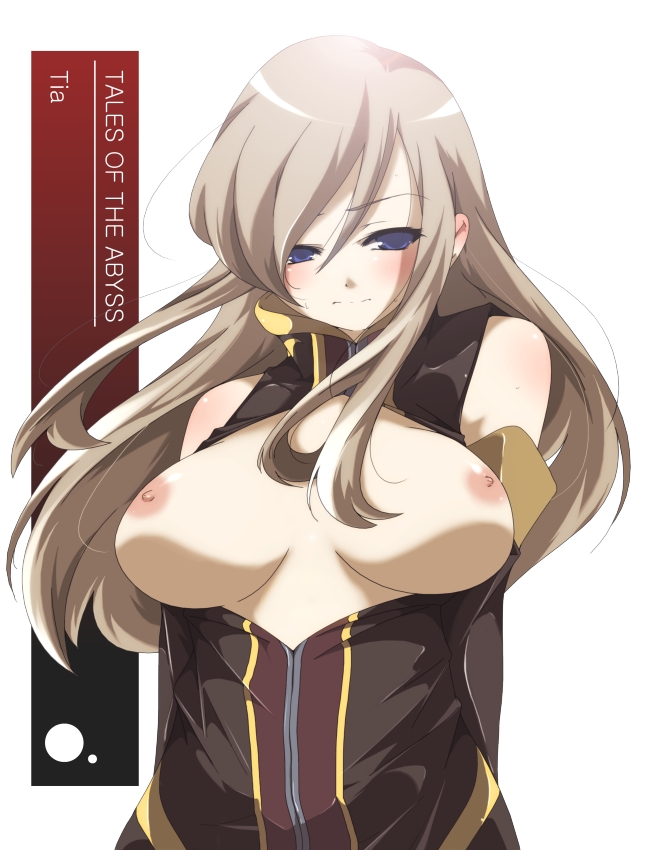 yamazaki kazu, tear grants, tales of (series), tales of the abyss, bad id, bad pixiv id, 00s, 1girl, bare shoulders, blue eyes, breasts, brown hair, character name, copyright name, female focus, huge breasts, large breasts, long hair, nipples, no bra, open clothes, open shirt, shirt, solo