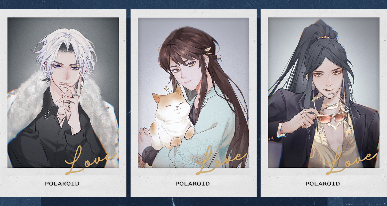 uka (azraeluka), hua yi shanxin zhiyue, chinese commentary, 3boys, alternate costume, animal, aqua jacket, black hair, black jacket, black shirt, blue border, blue eyes, border, brown hair, cat, closed mouth, collared shirt, colored inner hair, contemporary, crew neck, curtained hair, earclip, earrings, english text, fur-trimmed jacket, fur trim, gold choker, gold necklace, grey background, hair between eyes, hair ornament, hairclip, hand on own chin, high ponytail, holding, holding animal, holding cat, holding removed eyewear, jacket, jacket on shoulders, jewelry, lapels, lineup, ling (hua yi shanxin zhiyue), long hair, long sleeves, looking at viewer, lotus print, male focus, multicolored hair, multiple boys, multiple rings, necklace, open clothes, open collar, open jacket, orange-tinted eyewear, orange eyes, parted bangs, parted lips, peaked lapels, phoenix print, polaroid photo, ponytail, ribbon earrings, ring, shirt, smile, sunglasses, the prince (hua yi shanxin zhiyue), tinted eyewear, unworn eyewear, upper body, white border, white jacket, yellow eyes, yellow shirt, yun wuji